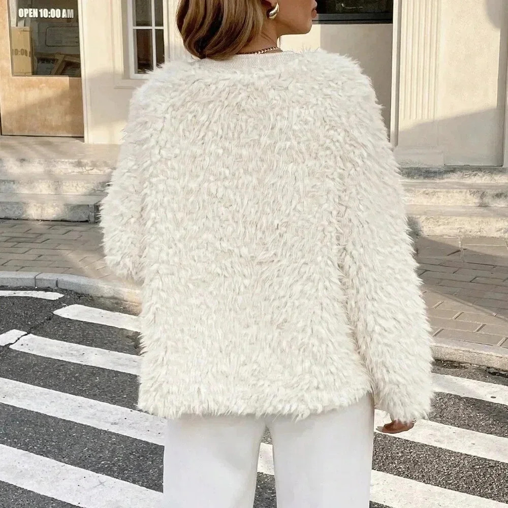 Beige Casual Women's Long Sleeve Faux Fur Crew Neck Tweed Coat - Picture 2 of 6